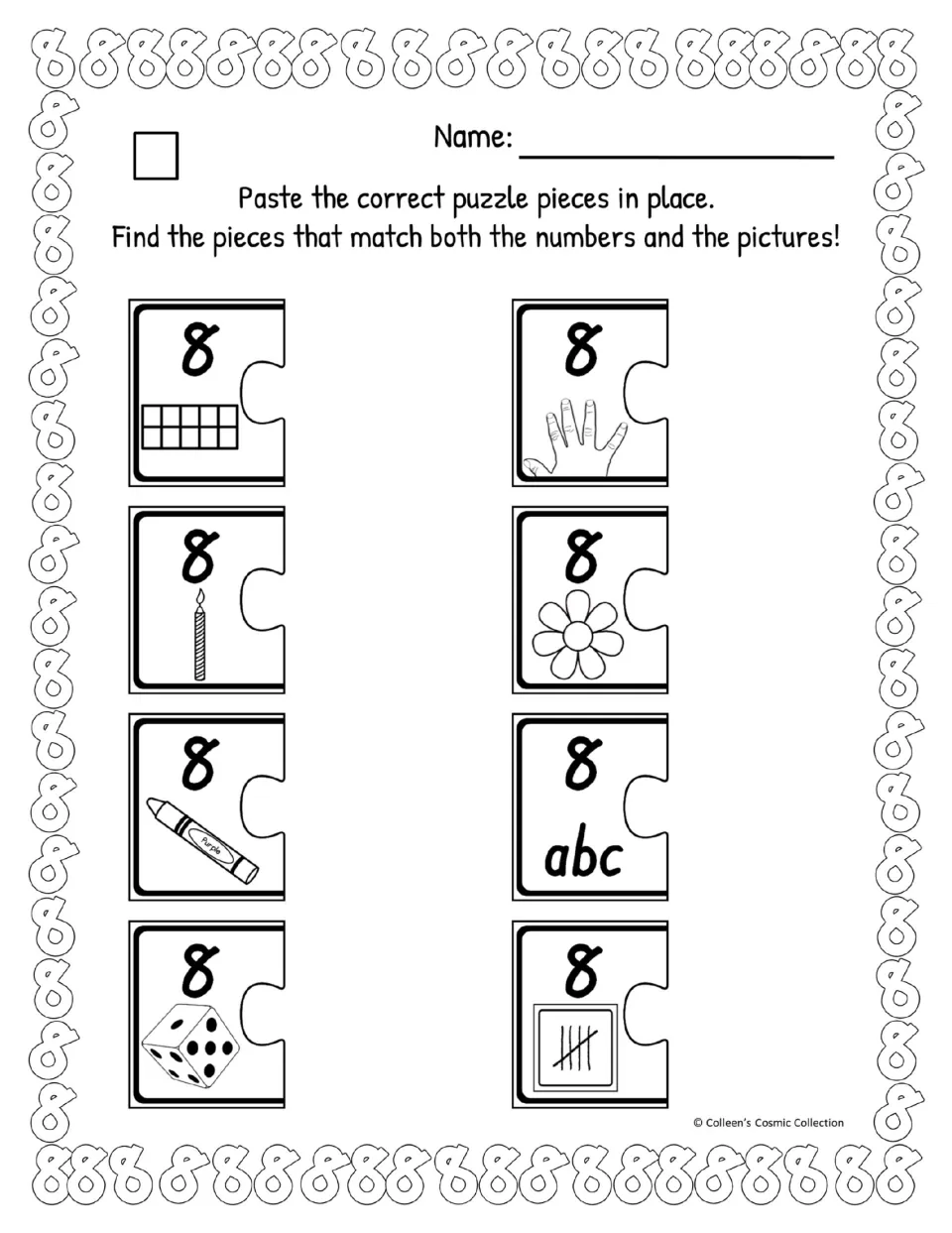 Number 8 in black and white, easy version: students paste matches for 8 with ten frame, hand, candle, die and tallies