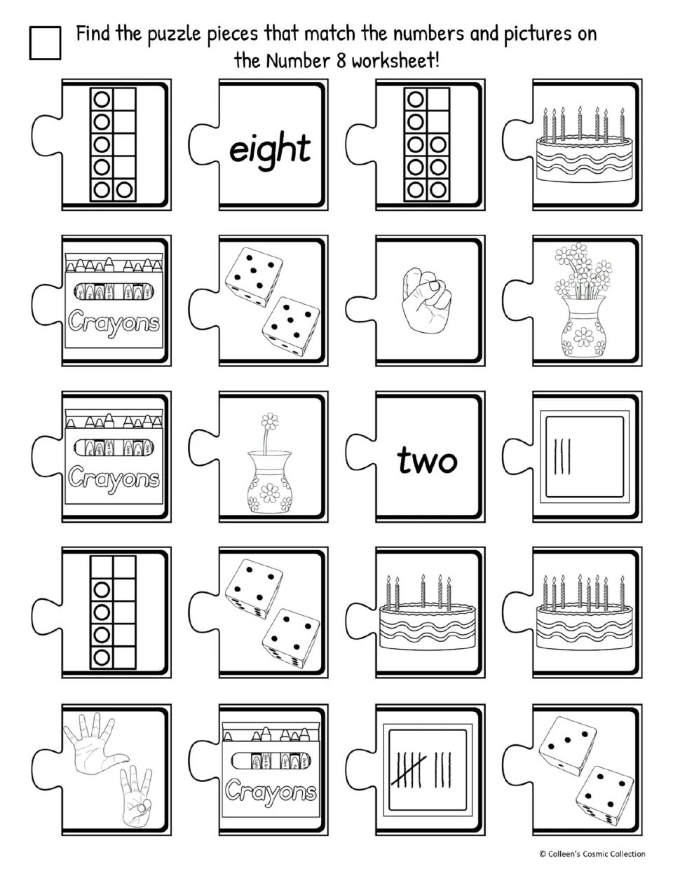 Cut-out pieces for number 8, easy black-and-white version: count dots, candles, flowers and tallies to pick pieces worth 8
