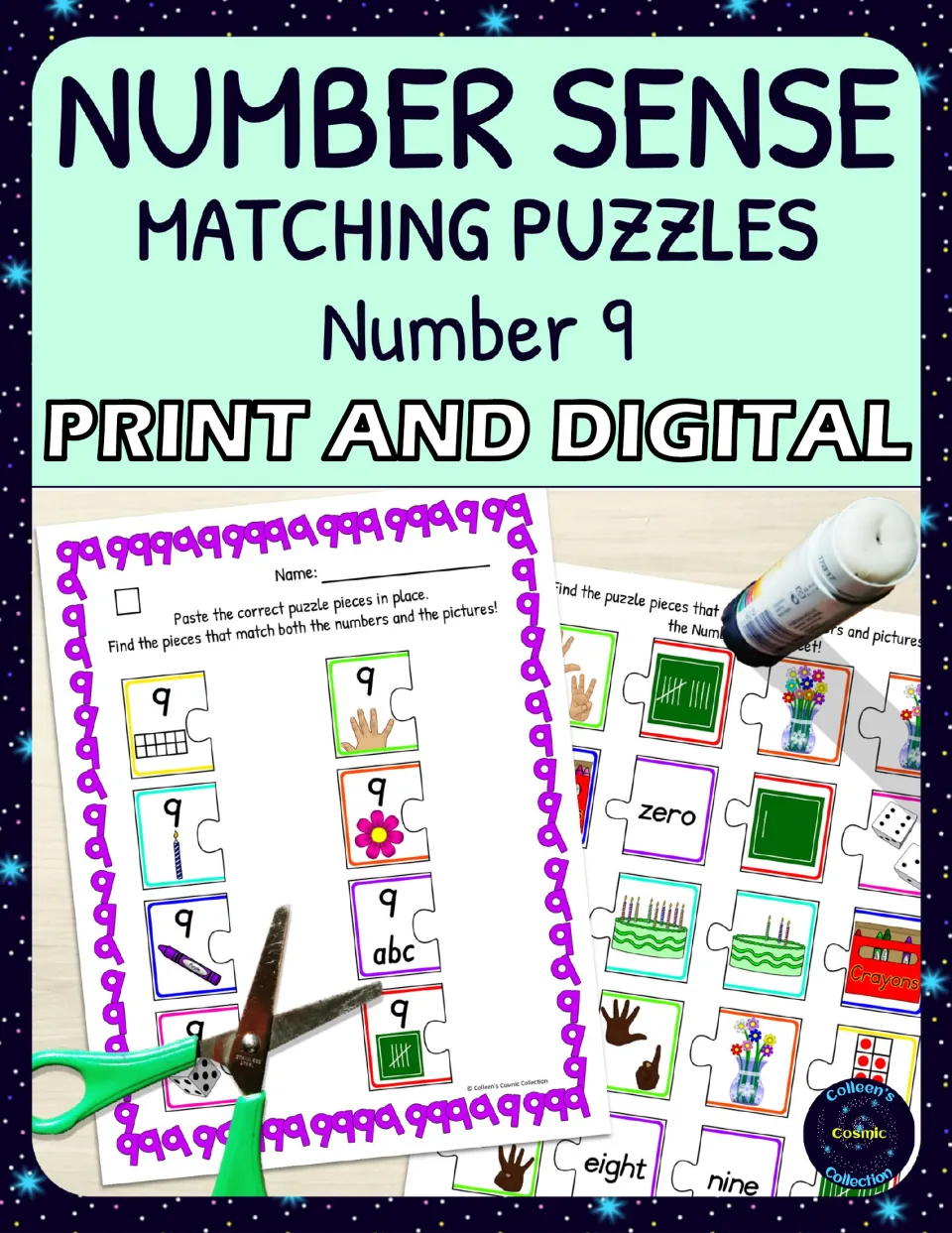 Number Sense Matching Puzzles for Number 9 cover, labeled 'Print and Digital,' showing cut-and-paste tasks