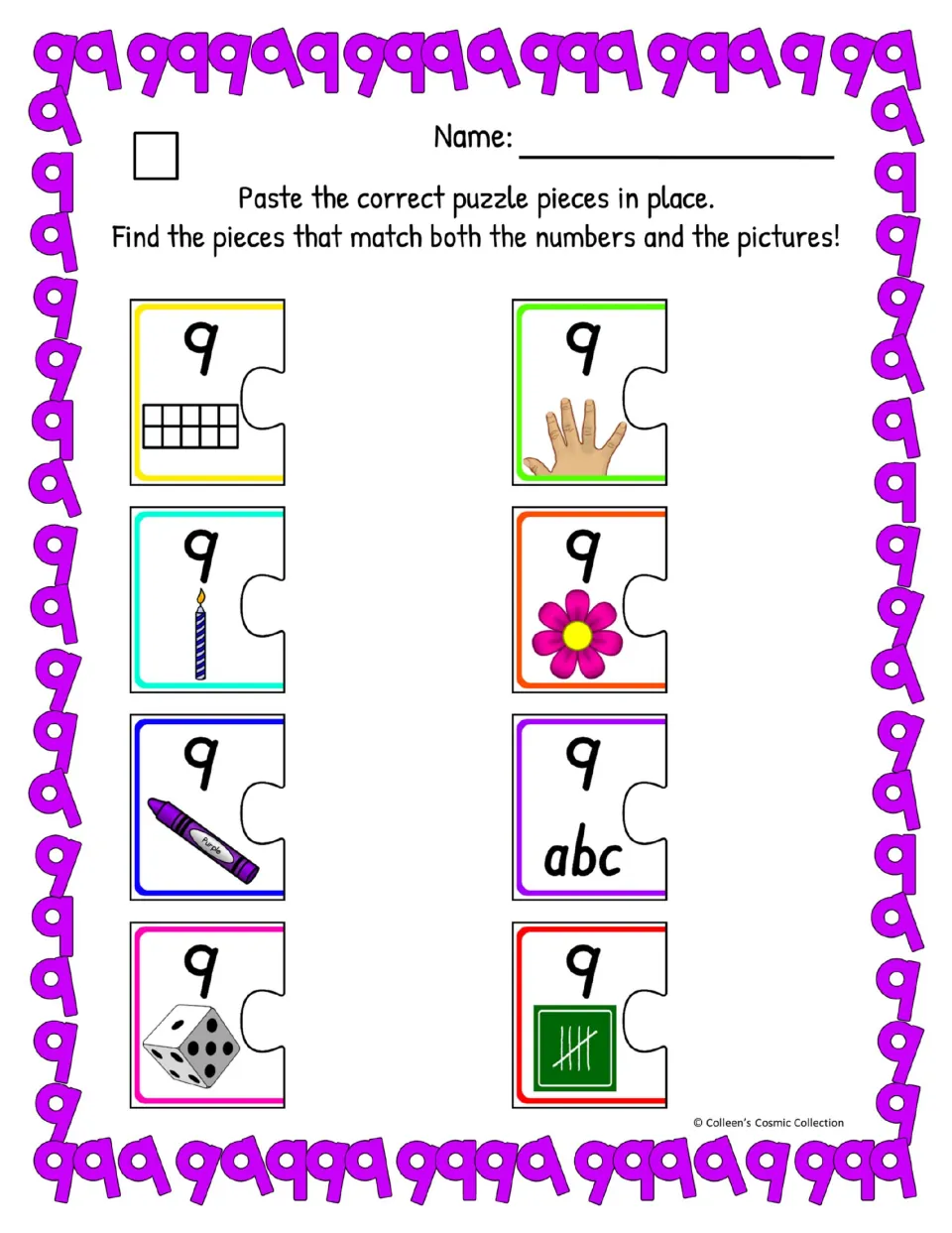 Easy color number 9 matching worksheet has eight starting pieces for quantities, tally marks, and 'nine'
