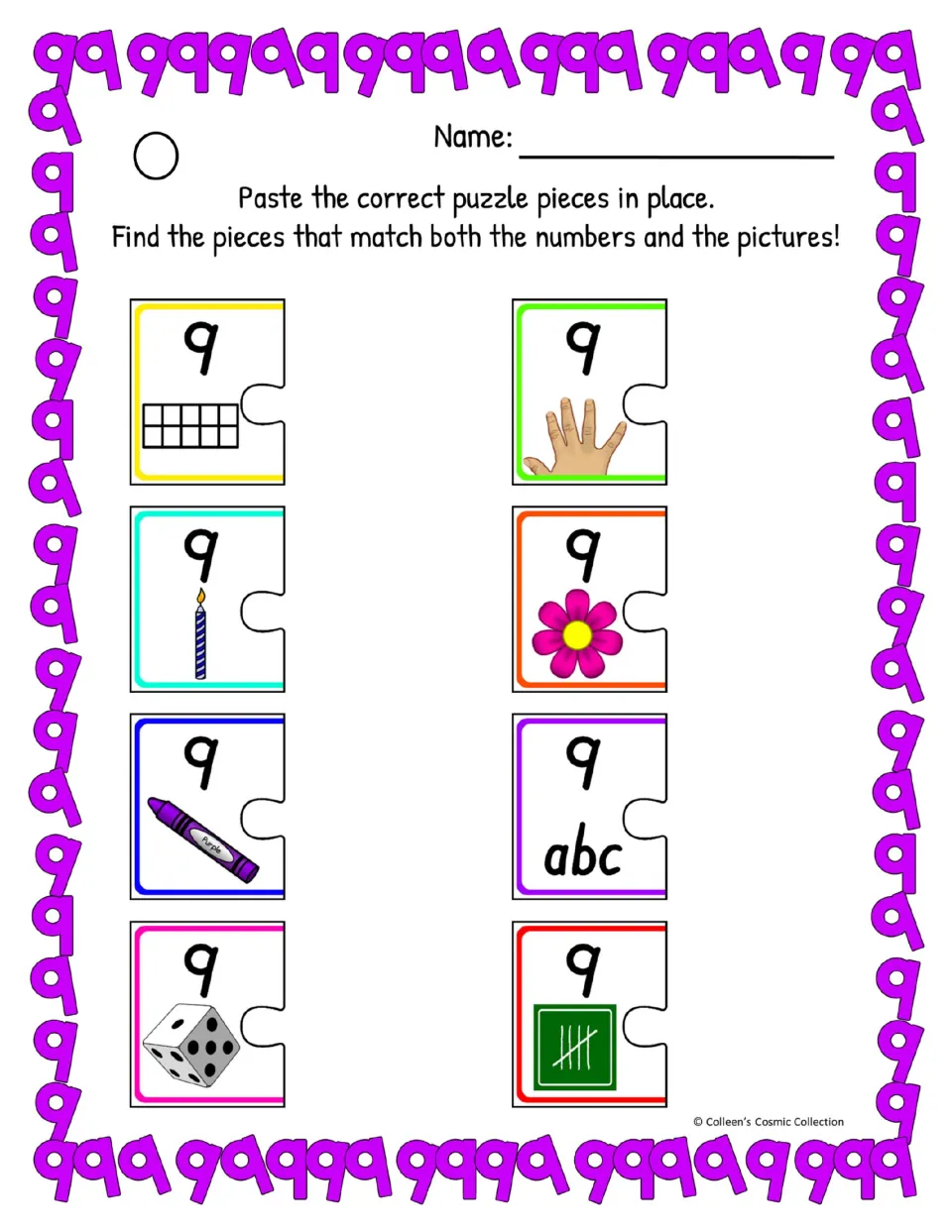 Difficult color number 9 worksheet has eight starting pieces with identical connectors for counting matches