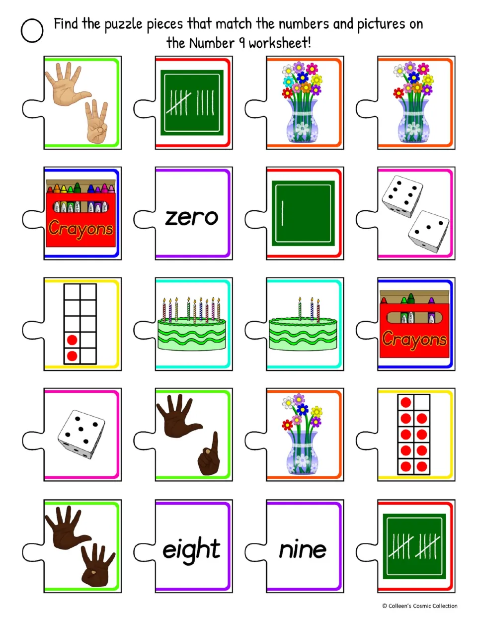 Difficult color number 9 cutout sheet has 20 choices, including fingers, dice, tally marks, and number words