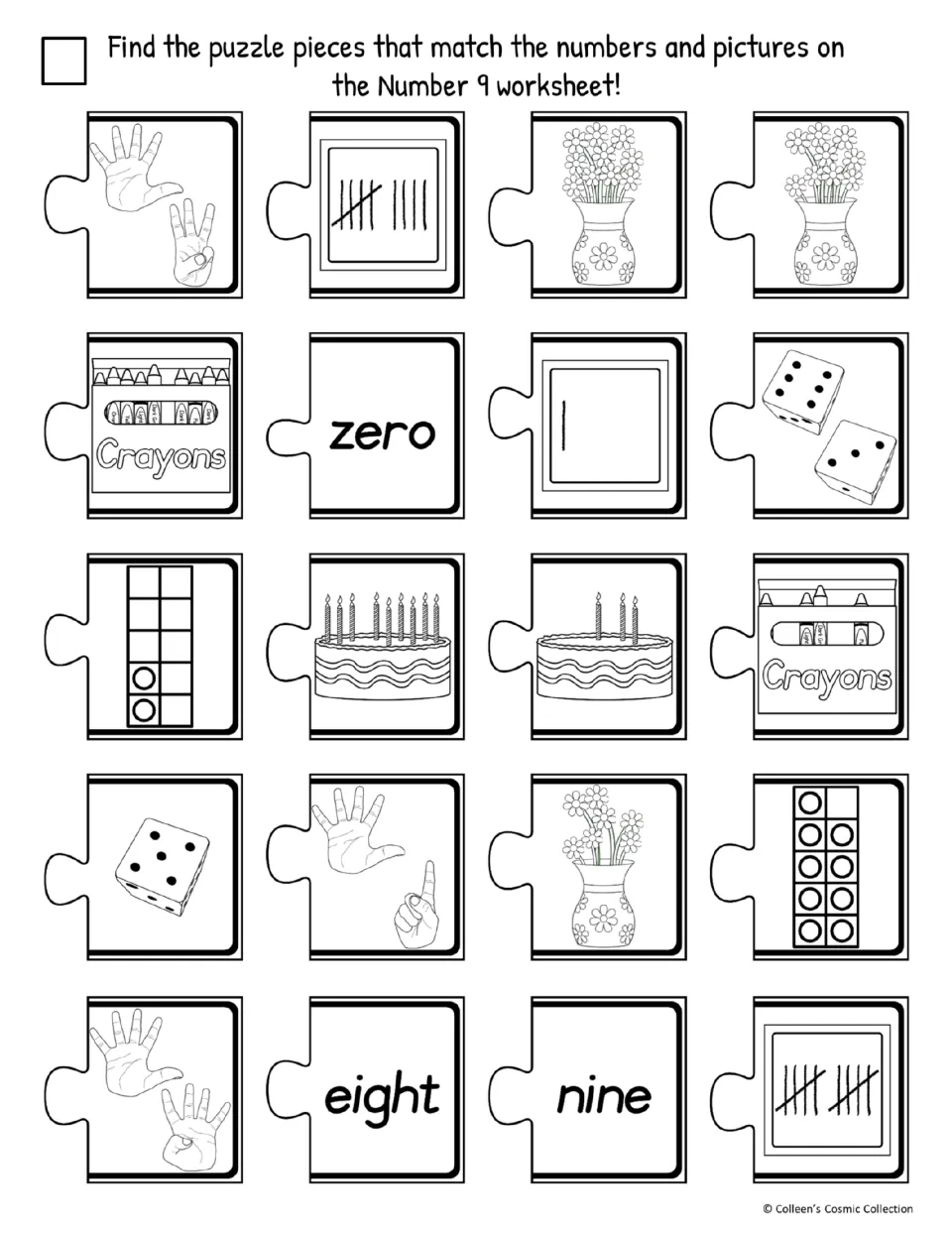Easy black-and-white number 9 cutout sheet provides 20 choices, including counting pictures and 'nine'