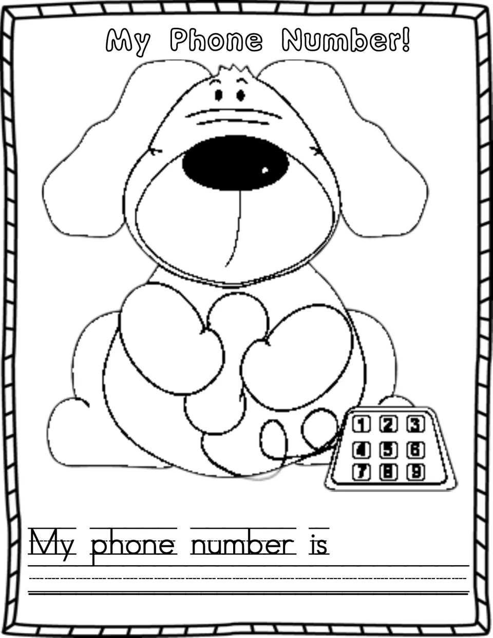 My Phone Number: students trace the sentence frame and write their phone number below a puppy holding a keypad phone