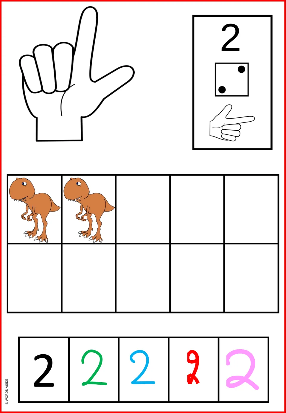 Number 2 dinosaur poster mat: two dinosaurs, finger-counting hands, a two-dot die, and five numeral styles.