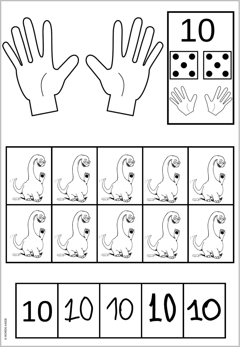 Number 10 black-and-white dinosaur poster mat: ten dinosaurs, ten fingers, two five-dot dice, and numeral examples.