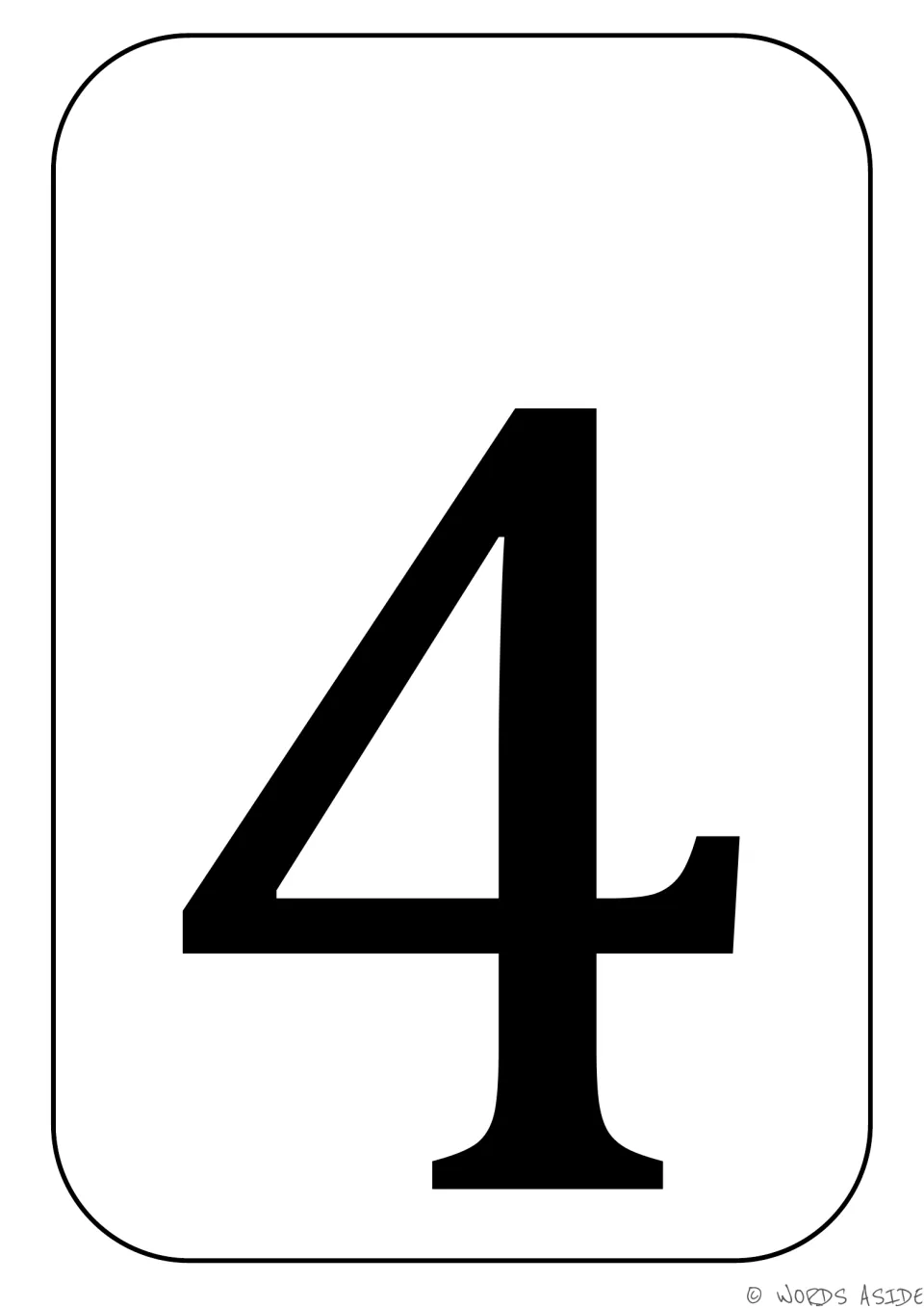 Number 4 poster from the number sense set, featuring a large solid black numeral 4 in a serif style.