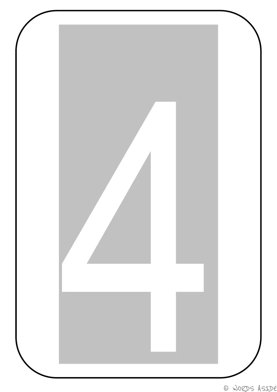 Number 4 poster from the number sense set, featuring a large white numeral 4 against a gray background.
