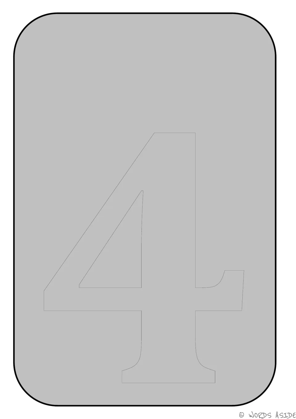 Number 4 activity mat from the number sense set, featuring a faint outlined serif numeral 4 on gray.