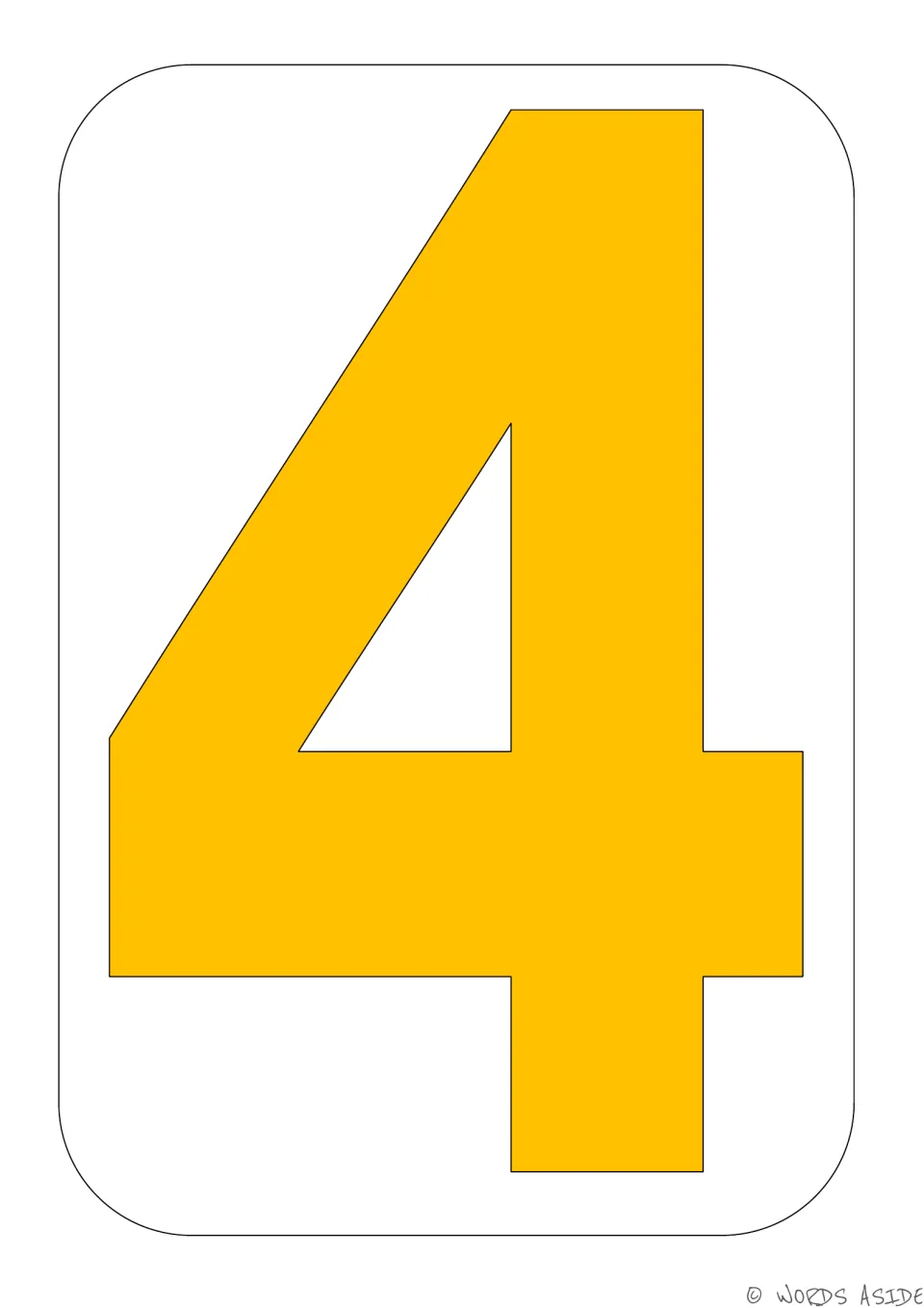 Number 4 poster from the number sense set, featuring a large golden-yellow block numeral 4 on white.