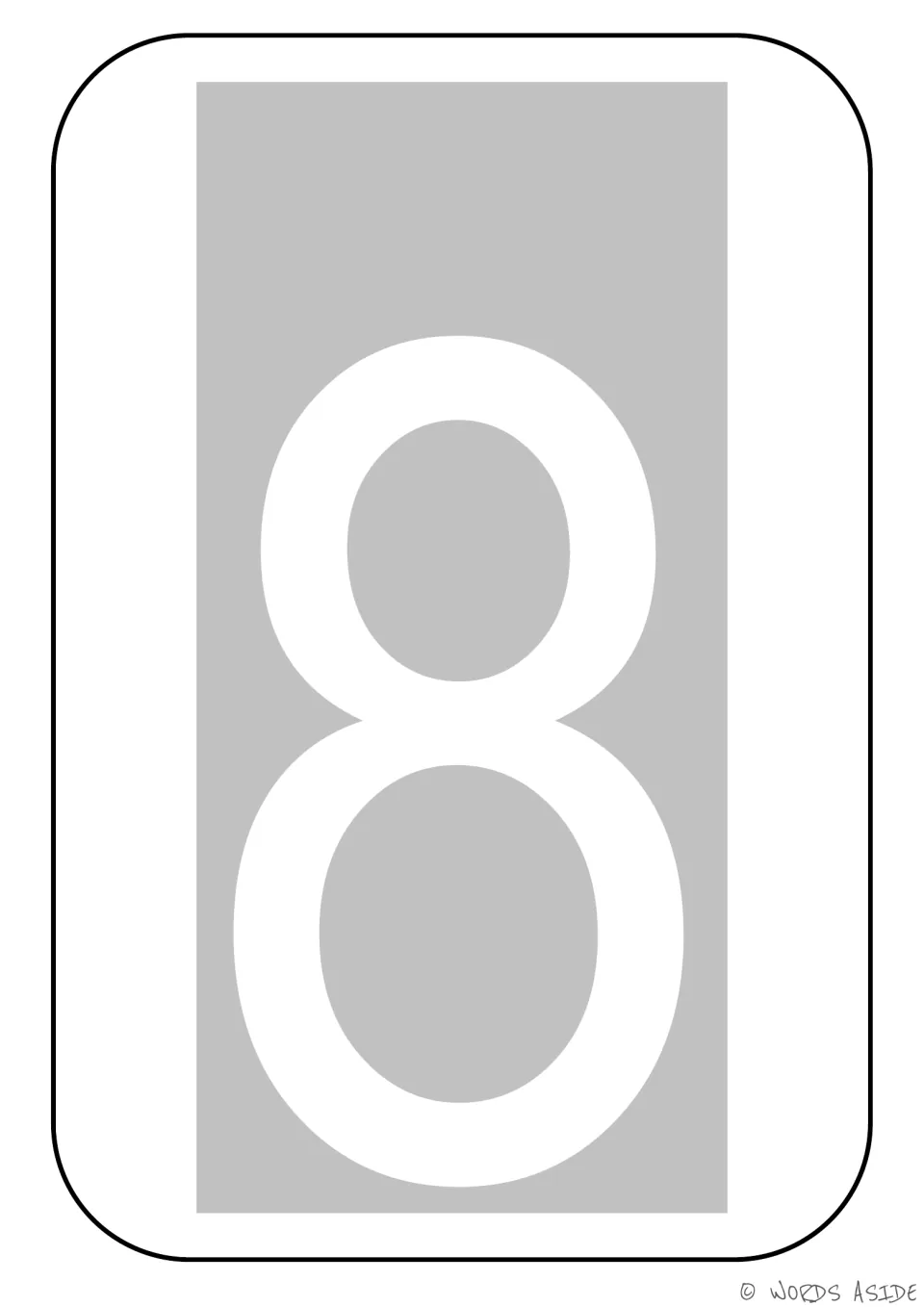 Number 8 poster showing a white numeral against gray, part of the number sense poster and activity mat set