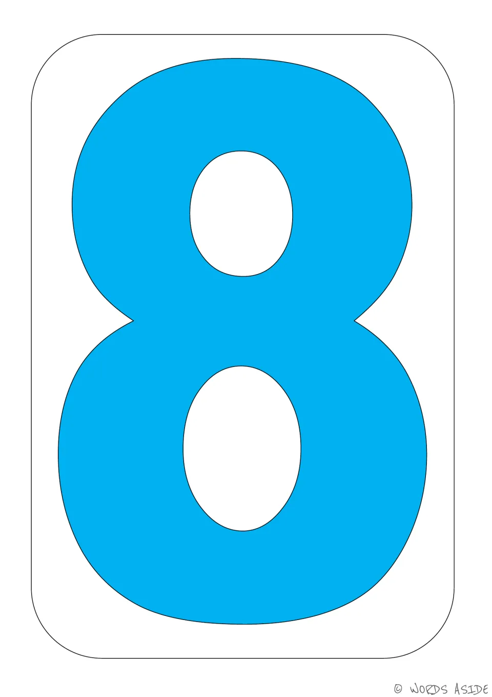 Number 8 poster showing a bright blue numeral, one of the colored posters in the number sense resource