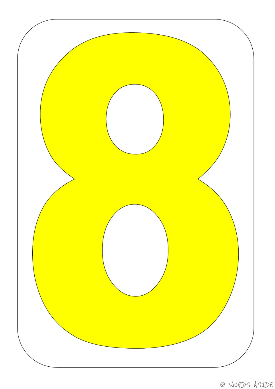 Number 8 poster showing a bright yellow numeral, one of the colored posters in the number sense resource