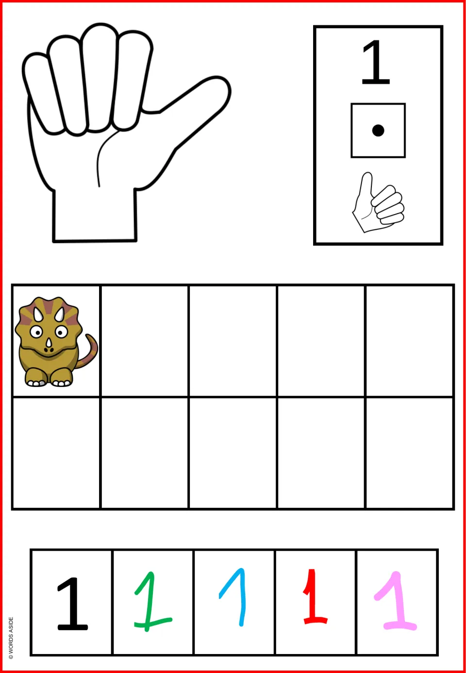 Color number sense poster for 1: one dinosaur, one die dot, finger counting, and five numeral examples.