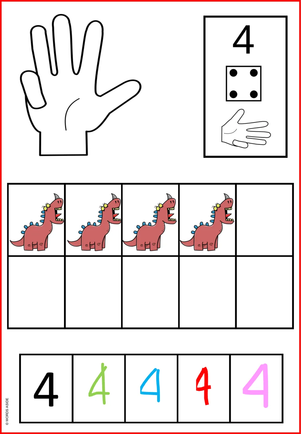 Color number sense poster for 4: four dinosaurs, four die dots, finger counting, and five numeral examples.
