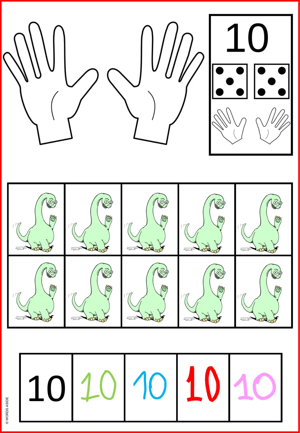 Color number sense poster for 10: ten dinosaurs, two five-dot dice, ten fingers, and five numeral examples.