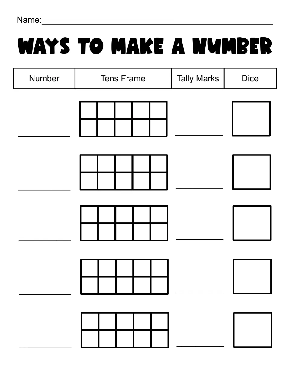 Ways to make a number: students write a number, then show it in a tens frame, as tally marks and as dots on a die