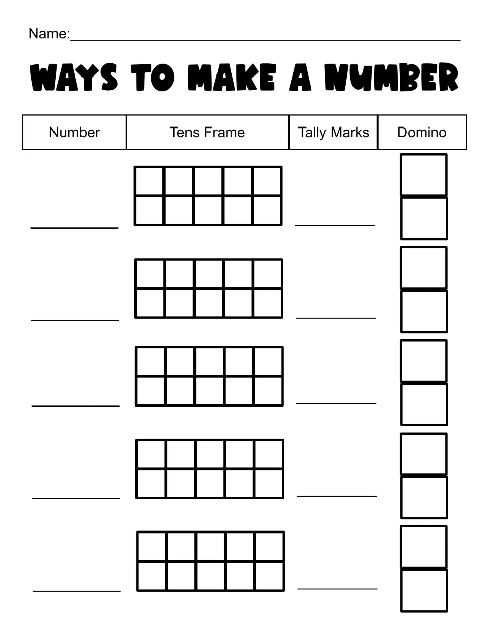 Number representations: students write a number and show it in a tens frame, with tally marks and as domino dots