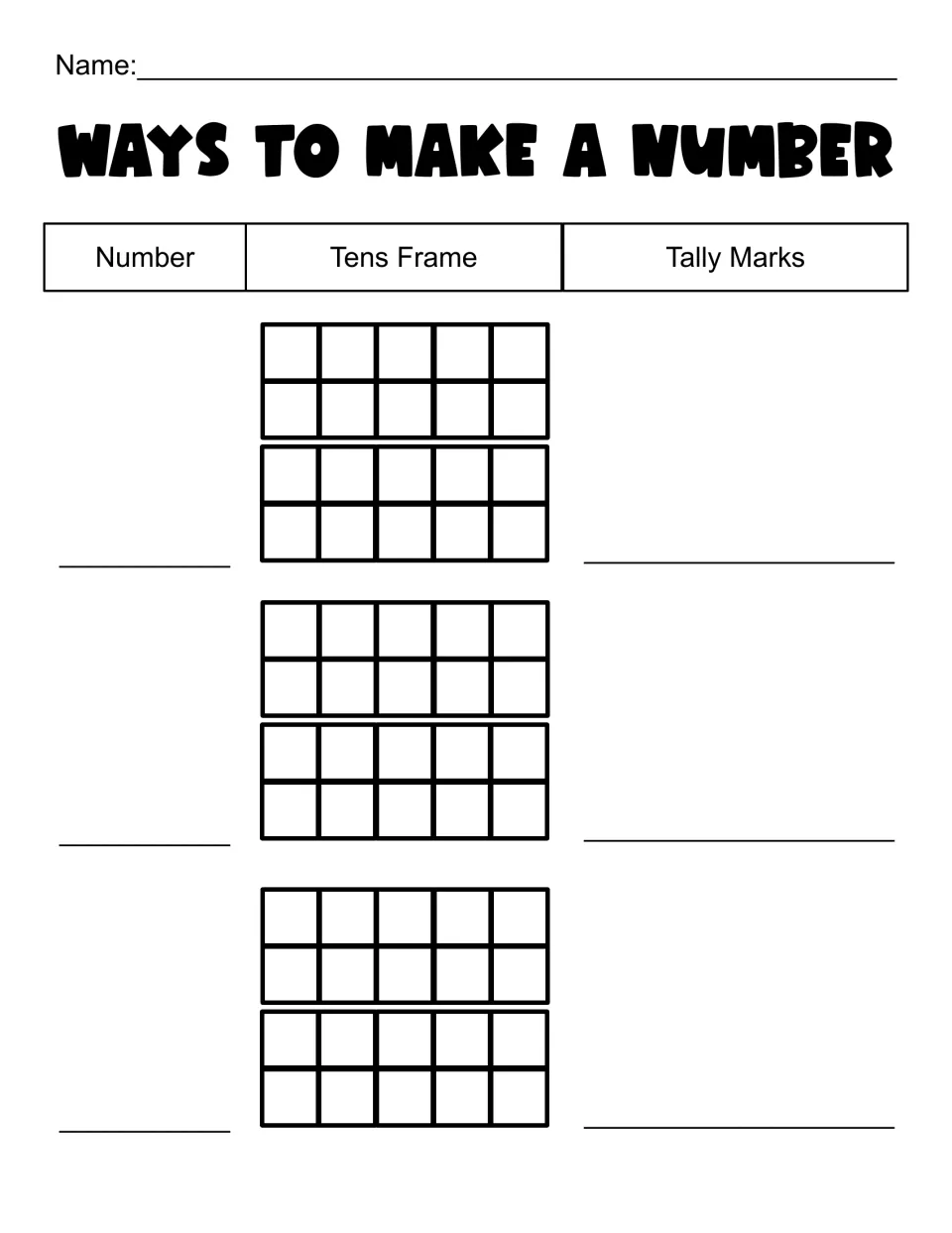 Double tens frames: students write a number, fill two stacked tens frames and draw matching tally marks for 3 numbers