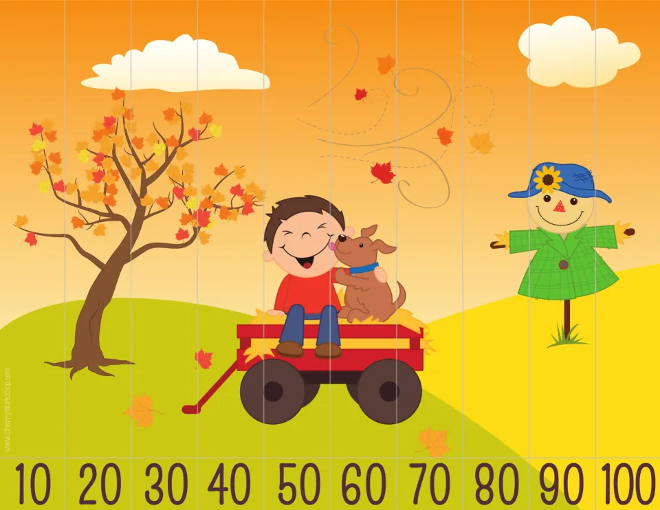 Counting by 10s to 100: students sequence 10 numbered strips of an autumn boy-and-puppy scene from 10 through 100
