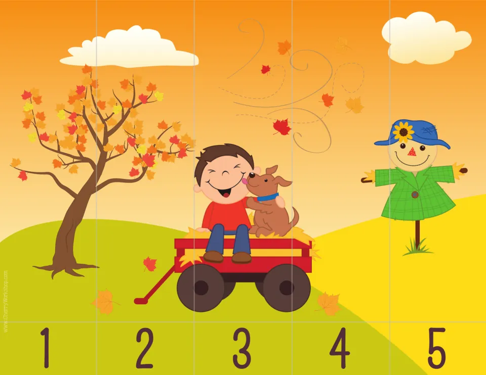 Counting 1 to 5 puzzle: students order five wide strips of an autumn scene with a boy, puppy and scarecrow