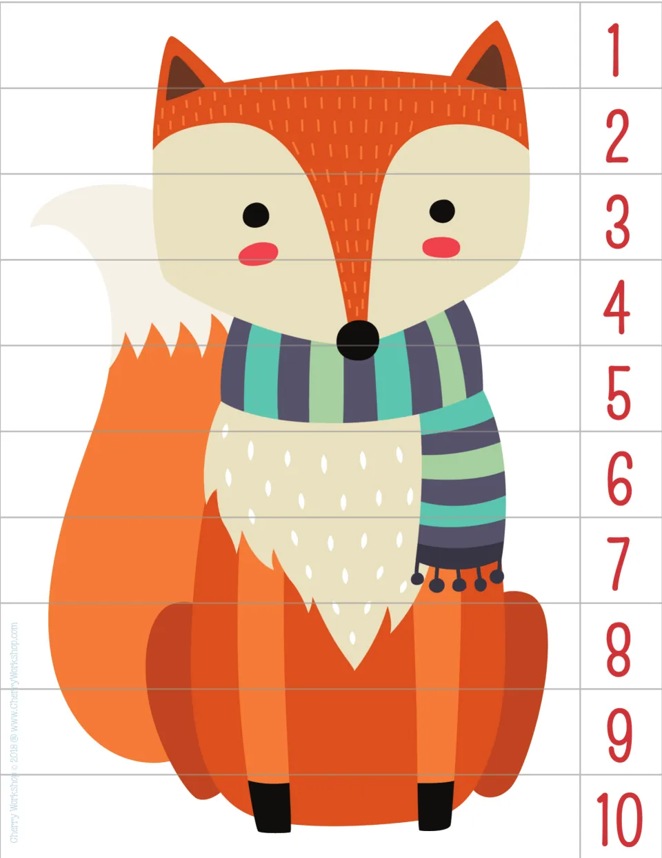 Fox in a striped scarf puzzle: students cut 10 horizontal strips numbered 1 to 10 and stack them in counting order