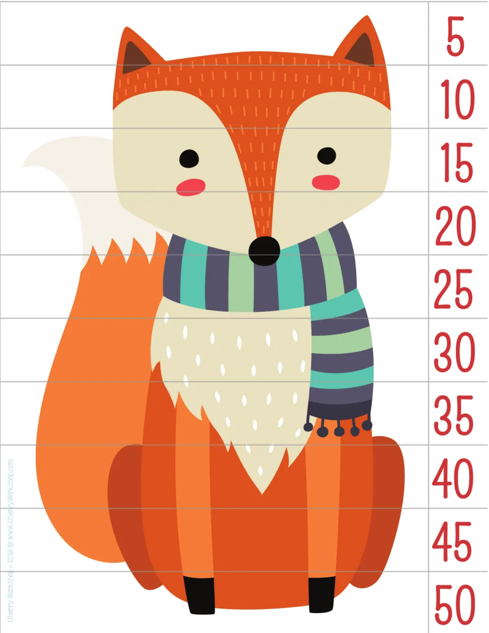 Fox puzzle counting by 5s: students order 10 horizontal strips numbered 5 to 50 to put the scarf-wearing fox together