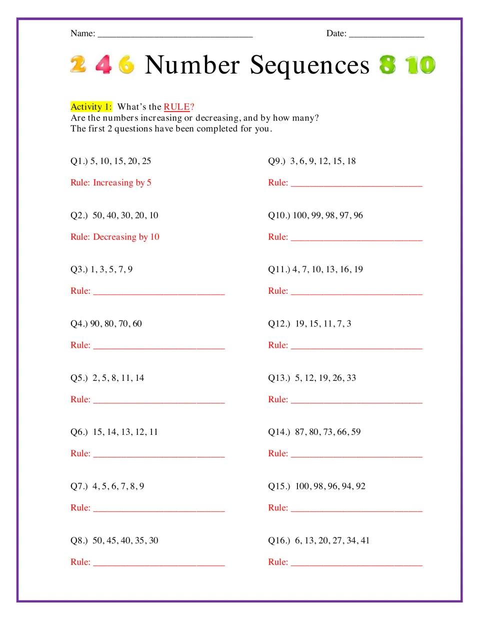 Finding the rule: students decide if each of 16 number sequences is increasing or decreasing, and by how many