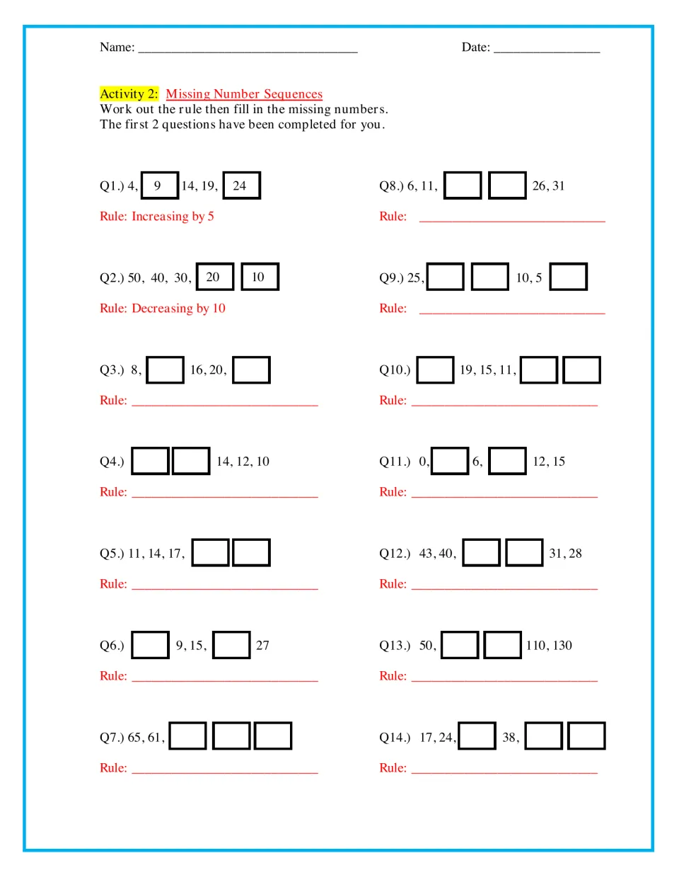 Missing number sequences: students work out the rule for 14 sequences, then fill in the missing numbers in each one