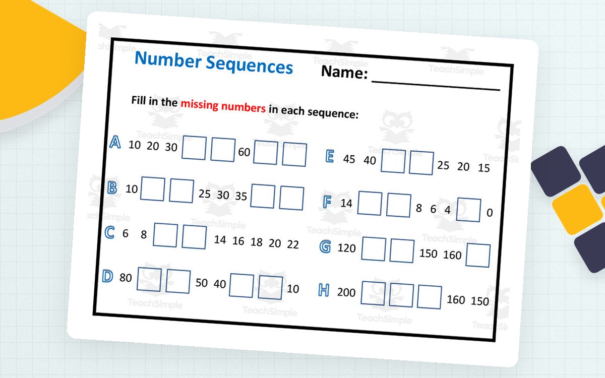 Number Sequences worksheet with eight missing-number rows counting forward and backward.