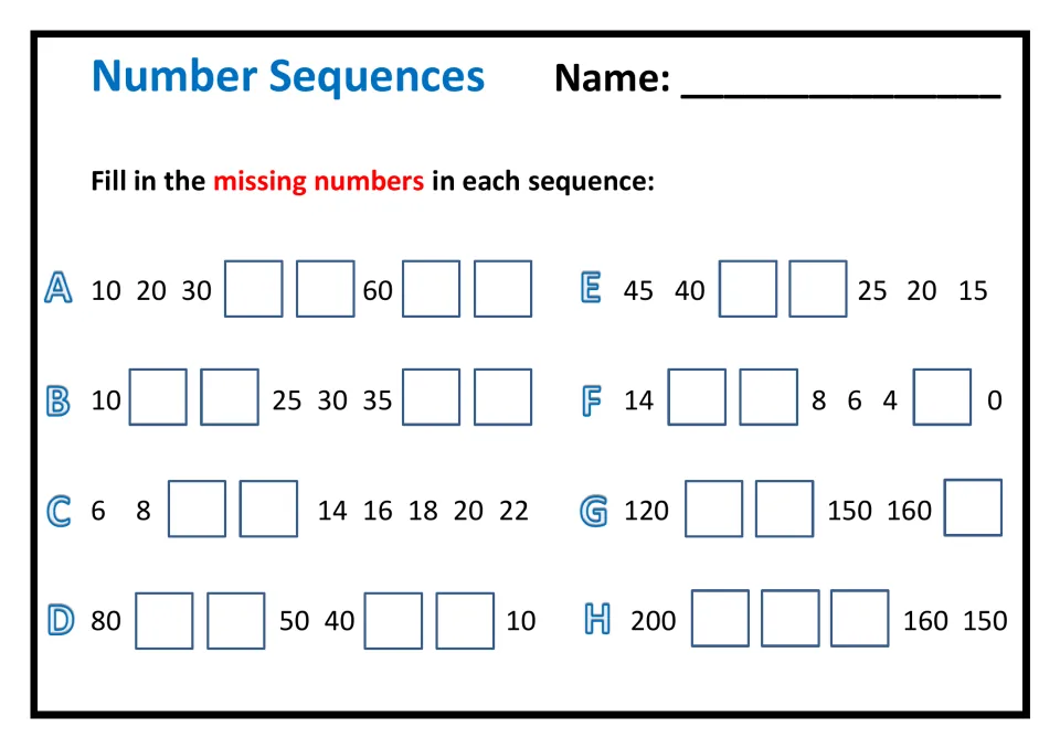 Number sequences: students fill in missing numbers in 8 patterns that count by 2s, 5s and 10s, forward and backward