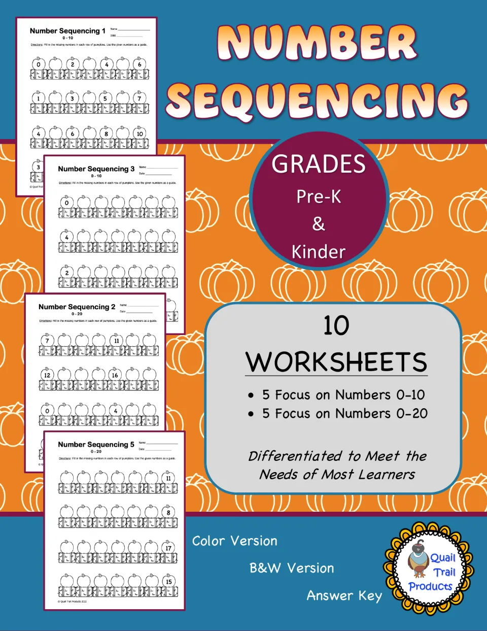 Number sequencing cover: 10 pumpkin worksheets, 5 for numbers 0-10 and 5 for 0-20, in color and B&W with an answer key