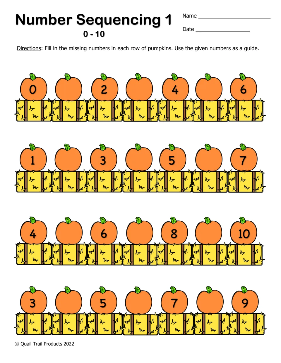 Number Sequencing 1 (0-10): students fill in missing numbers on 4 rows of pumpkins where every other number is given