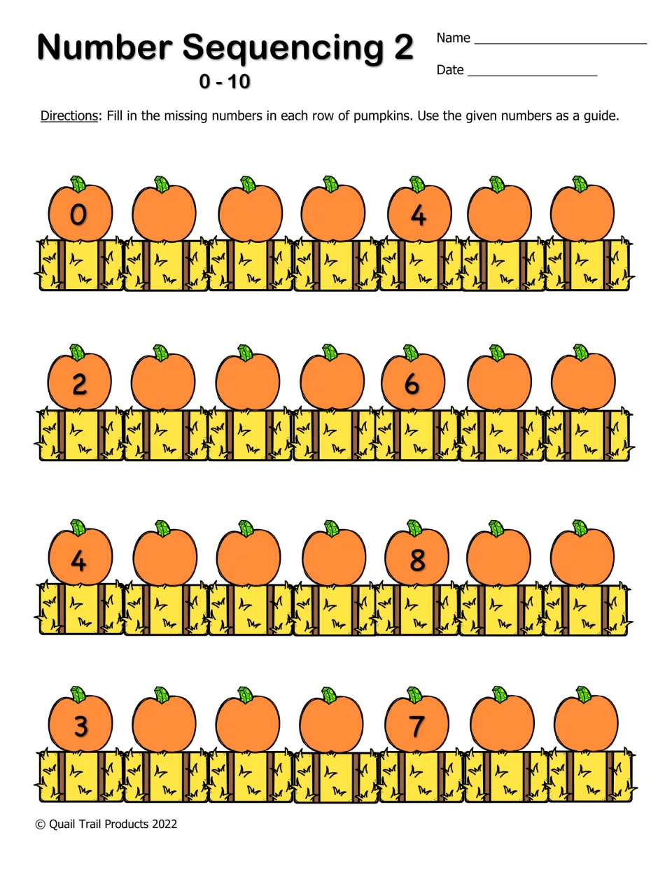 Number Sequencing 2 (0-10): counting on in pumpkin rows, with only the 1st and 5th numbers given, such as 0 and 4