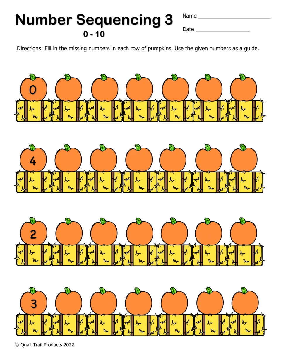 Number Sequencing 3 (0-10): only the first pumpkin in each row is numbered (0, 4, 2, 3); students count on to fill the rest
