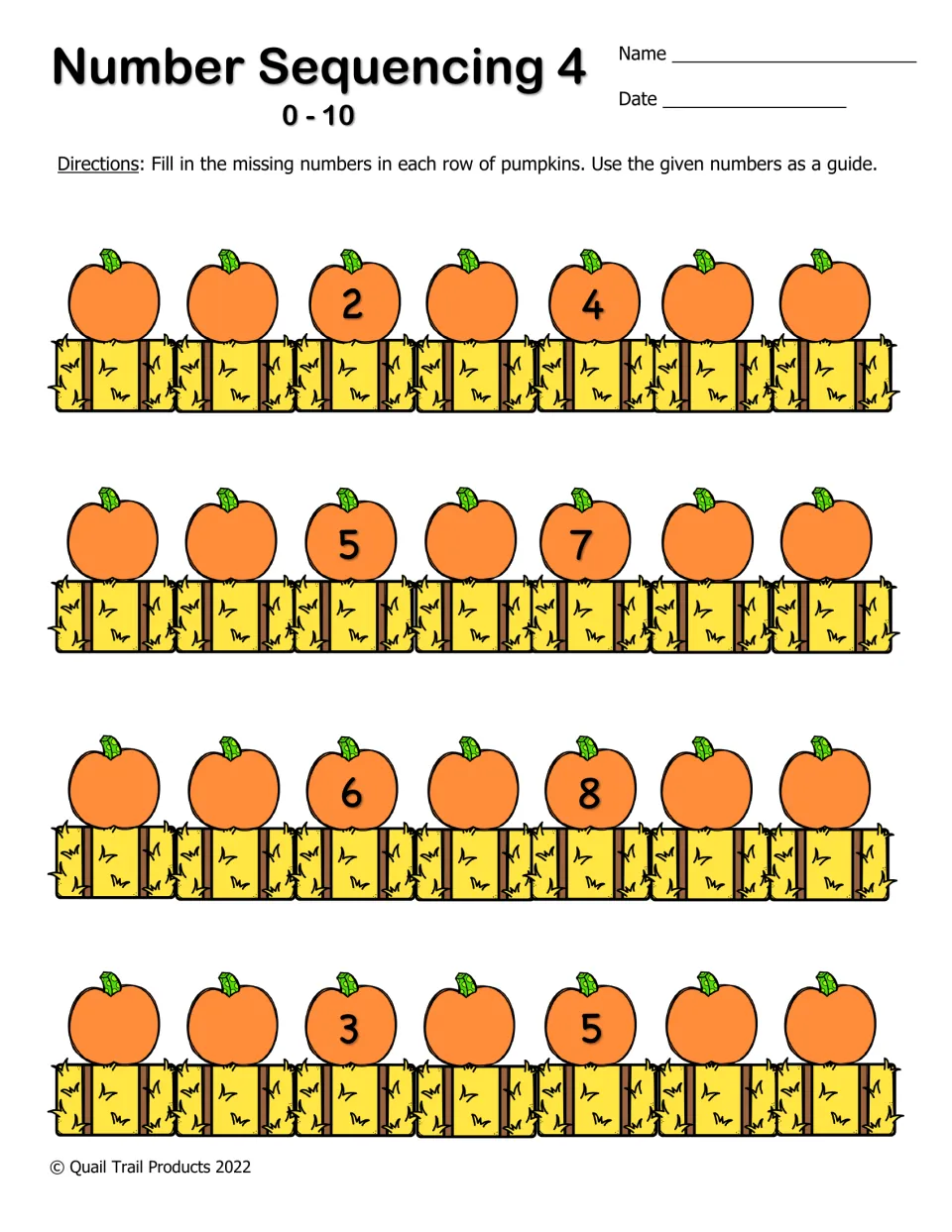 Number Sequencing 4 (0-10): middle pumpkins show pairs like 2 and 4; students count back and forward to finish each row