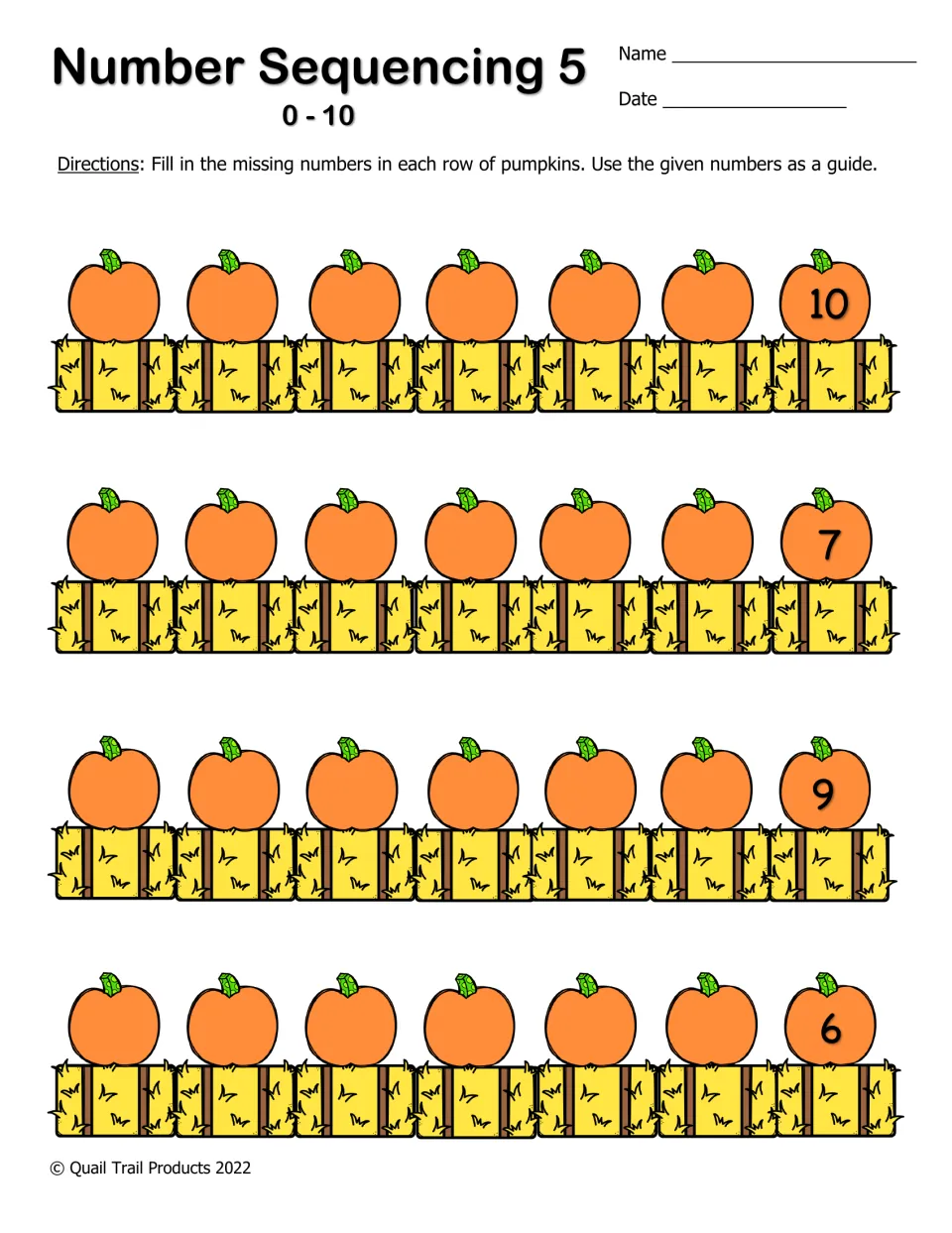 Number Sequencing 5 (0-10): only the last pumpkin is numbered (10, 7, 9, 6), so students count backward to fill each row