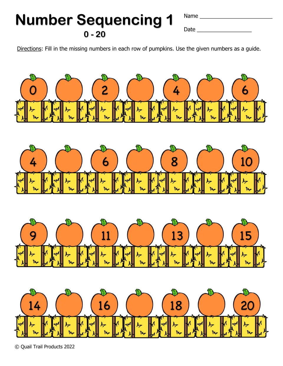 Number Sequencing 1 (0-20): students write missing numbers between given ones in pumpkin rows, ending with 14 to 20