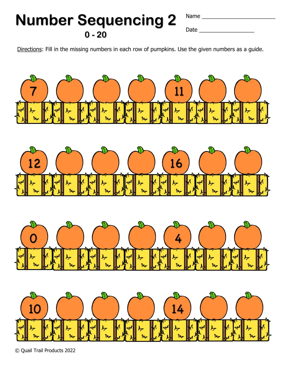 Number Sequencing 2 (0-20): pumpkin rows give two numbers four apart, like 7 and 11, for students to fill in the gaps