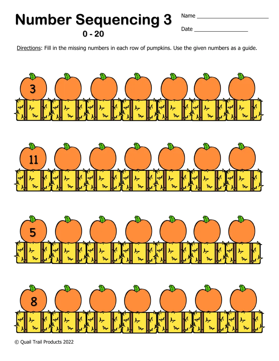Number Sequencing 3 (0-20): each pumpkin row starts with one number (3, 11, 5, 8) and students count on to complete it
