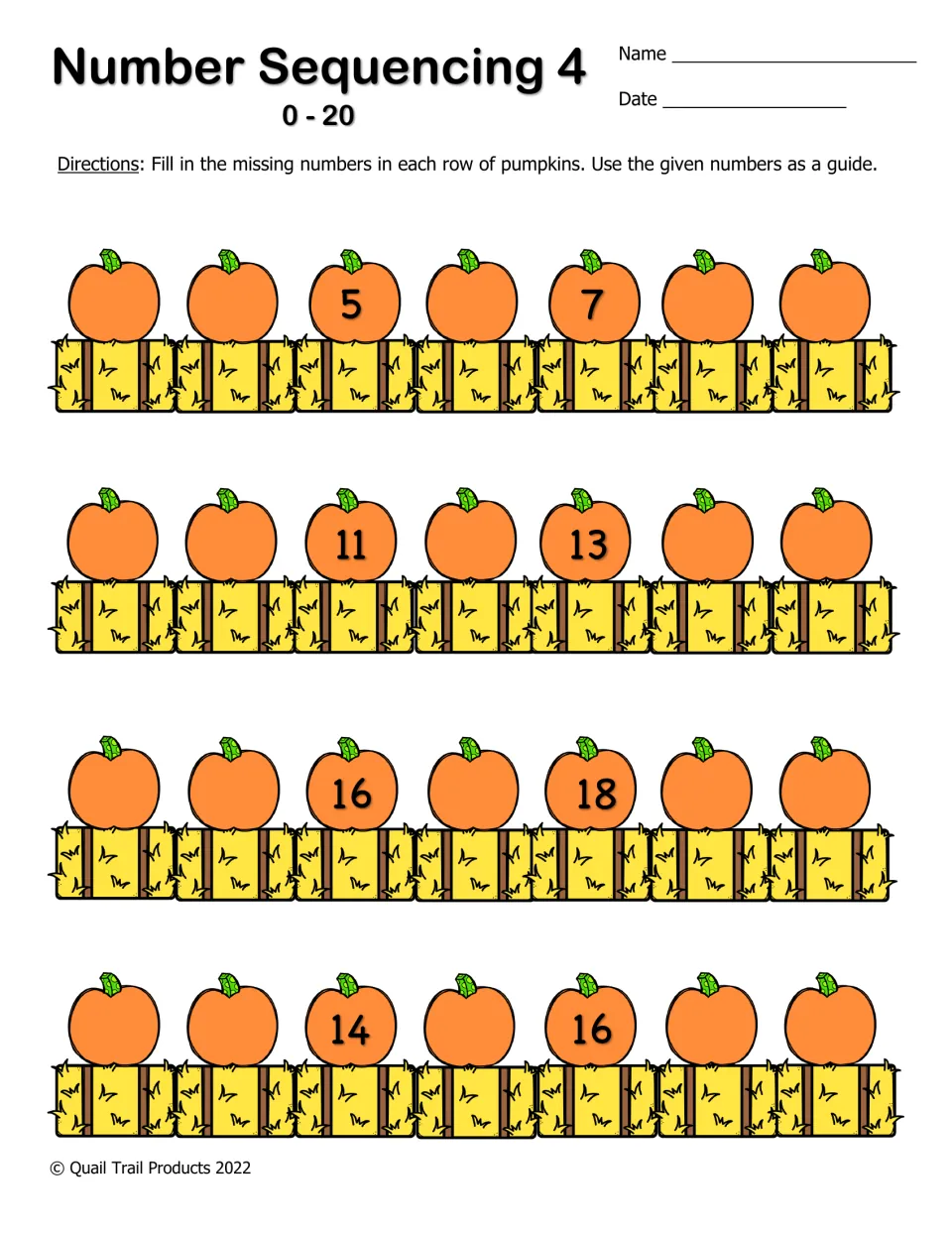 Number Sequencing 4 (0-20): middle pumpkins give pairs such as 11 and 13; students count back and on to fill each row