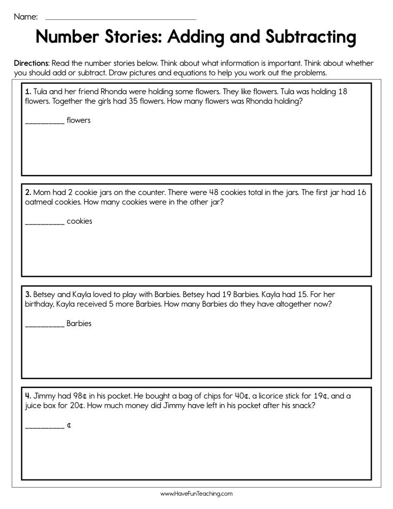 Number Stories Adding and Subtracting Worksheet teaching resource preview