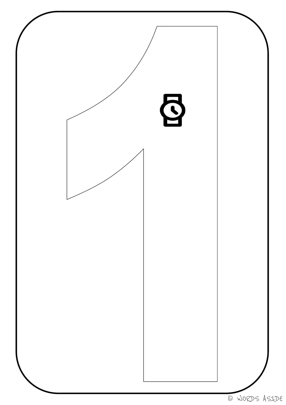 Number representation card 1: large numeral 1 containing one watch for counting and coloring practice.
