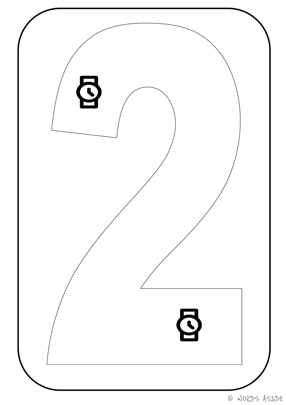 Number representation card 2: large numeral 2 containing two watches for counting and coloring practice.