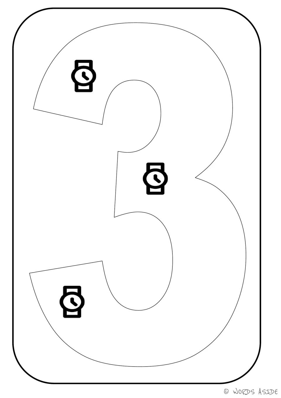 Number representation card 3: large numeral 3 containing three watches for counting and coloring practice.