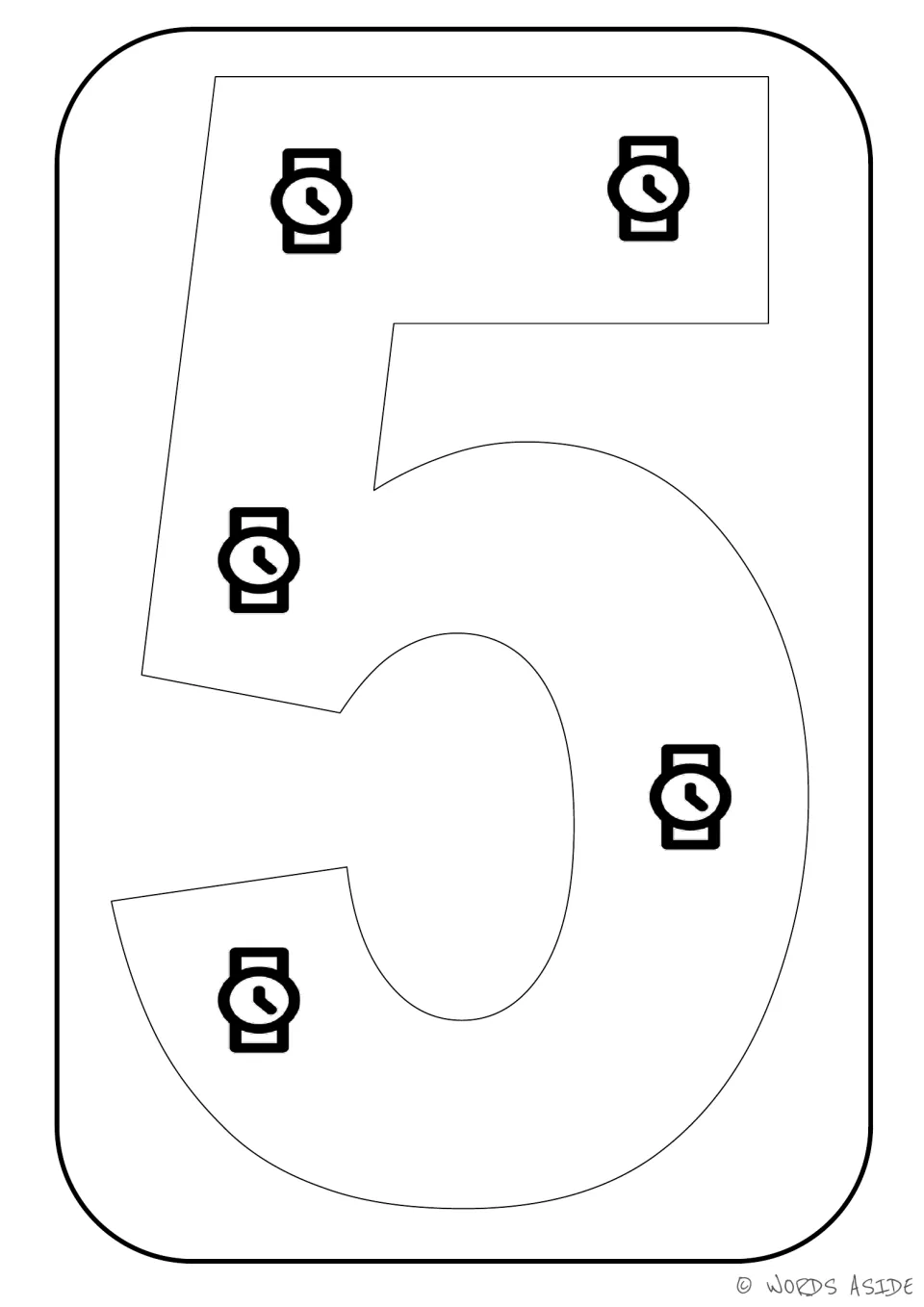 Number representation card 5: large numeral 5 containing five watches for counting and coloring practice.
