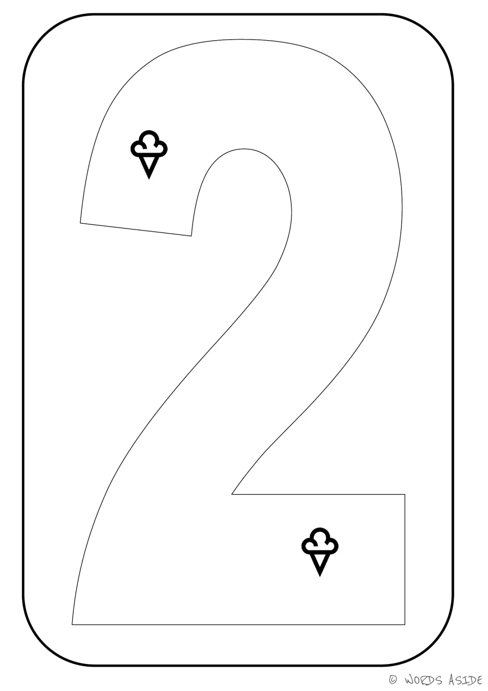 Number representation card 2 of 9: numeral 2 containing two ice cream cones to represent a quantity of two.