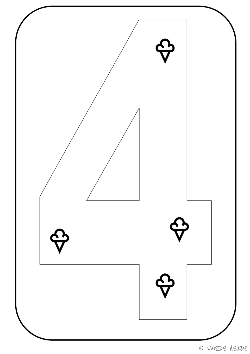 Number representation card 4 of 9: numeral 4 containing four ice cream cones to represent a quantity of four.