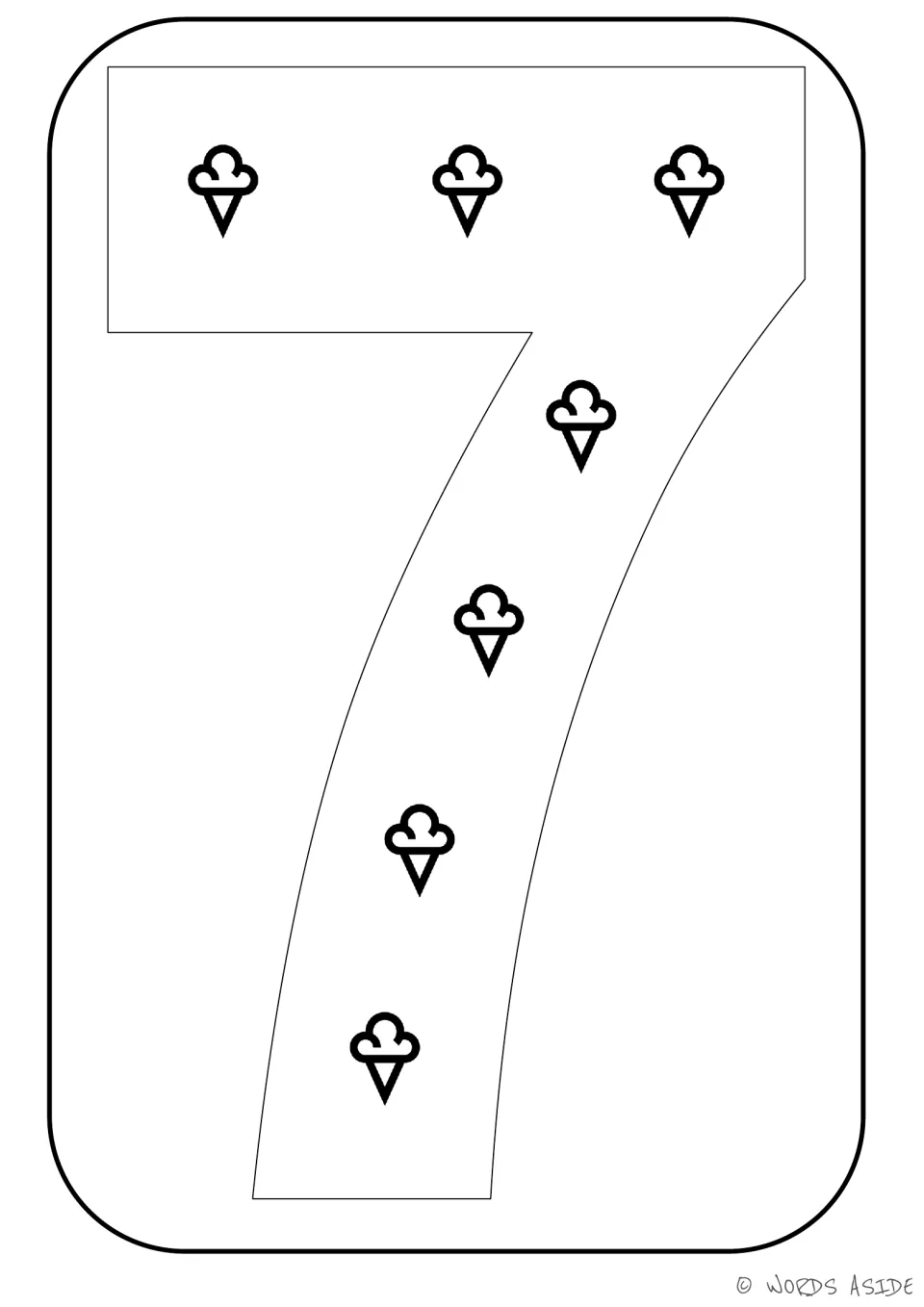Number representation card 7 of 9: numeral 7 containing seven ice cream cones to represent a quantity of seven.