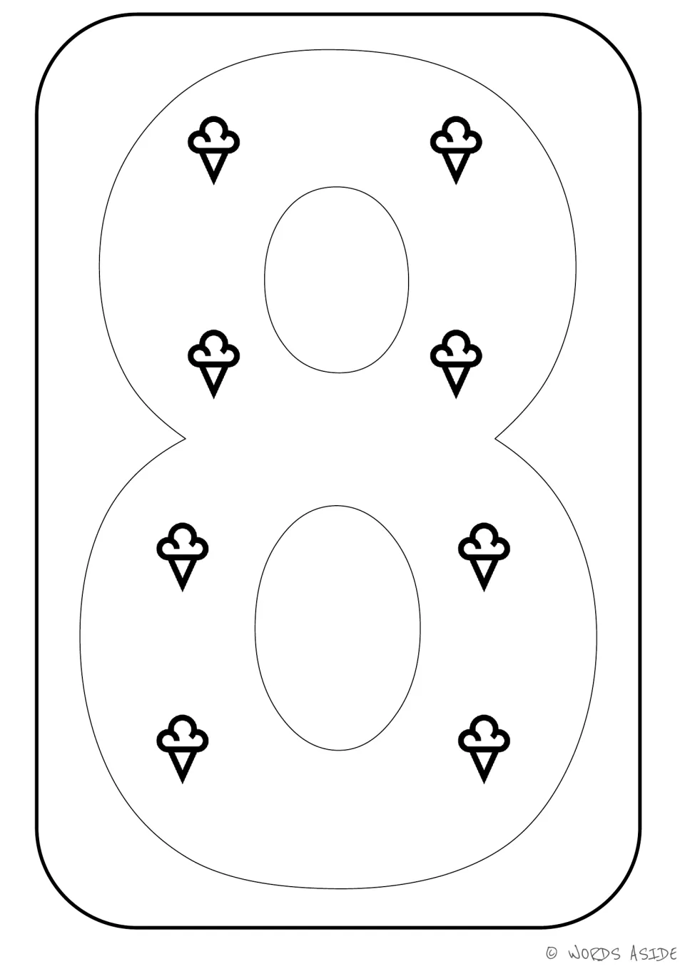 Number representation card 8 of 9: numeral 8 containing eight ice cream cones to represent a quantity of eight.